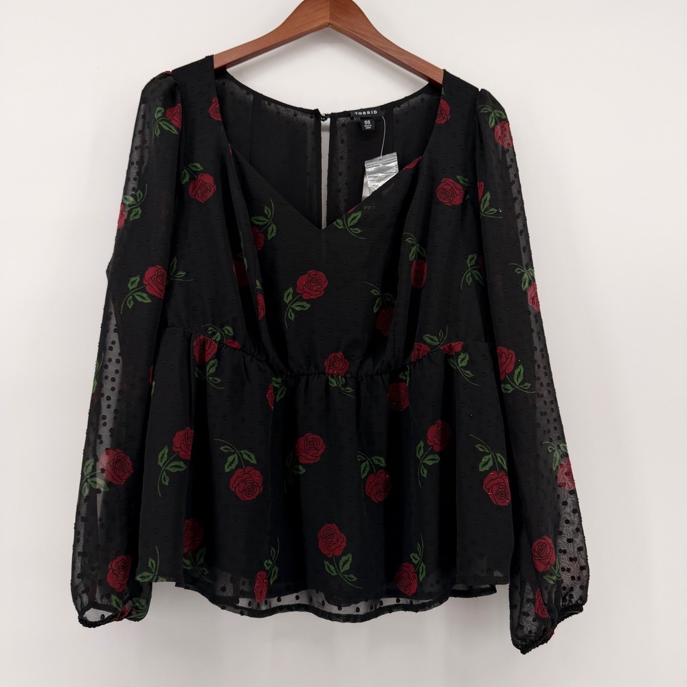 NWT Torrid Red Rose Chiffon Clip Dot Puff Sleeve Peplum Top Black Red 00 M/L 10